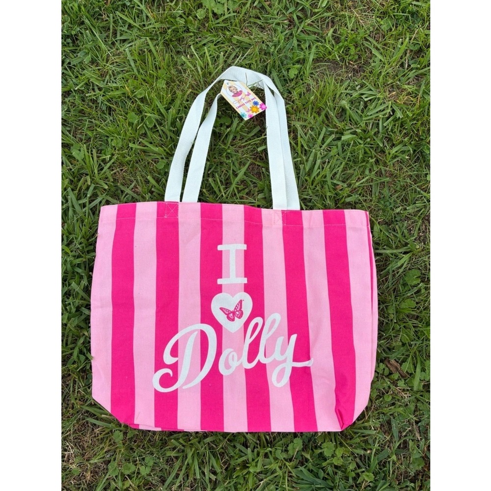 NWT Dolly Parton I Love Dolly Pink Striped White Striped Large Tote Bag NWT